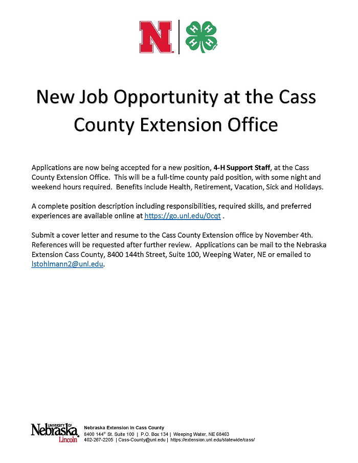 Flyer to announce 4 H Support Staff Position 003