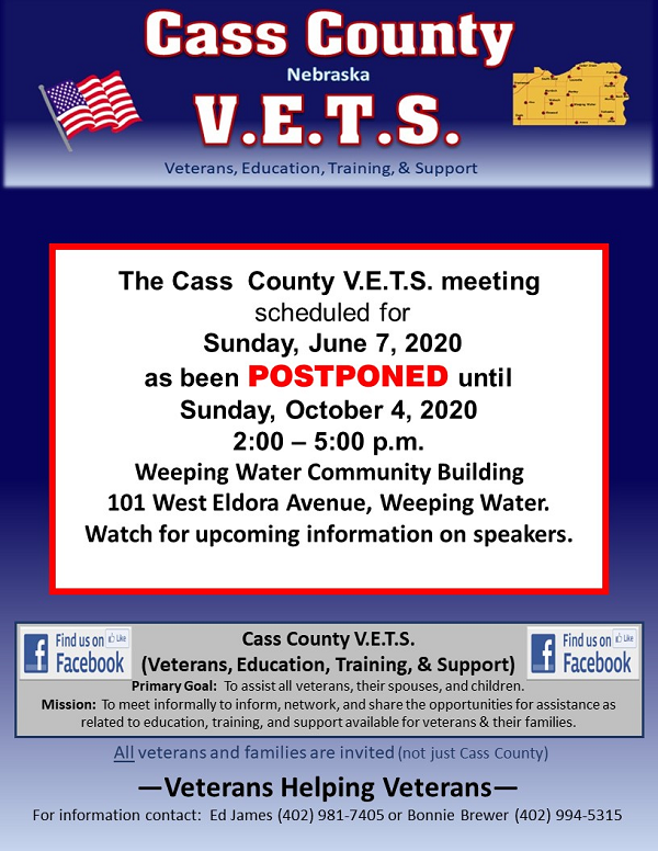 Cass County VETS June 7 2020 cancelled