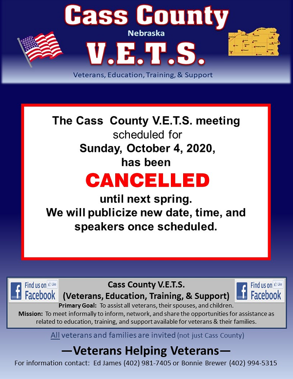 Cass County VETS Oct 4 2020 cancelled